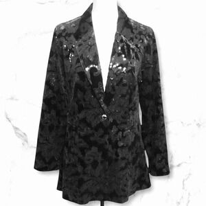 Venus Women's Long Line  Sequin Embroidered Black Velvet Jacket Blazer Size 14